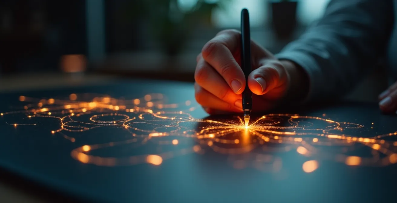 Gros plan d’une main dessinant des formes abstraites lumineuses symbolisant la créativité et l’innovation
