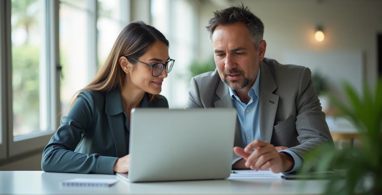Deux professionnels discutant autour d’un ordinateur dans un bureau moderne lumineux