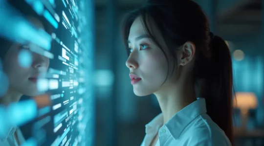 Portrait réaliste d'une professionnelle jeune devant un écran numérique en lumière douce avec composition maîtrisée et espace négatif