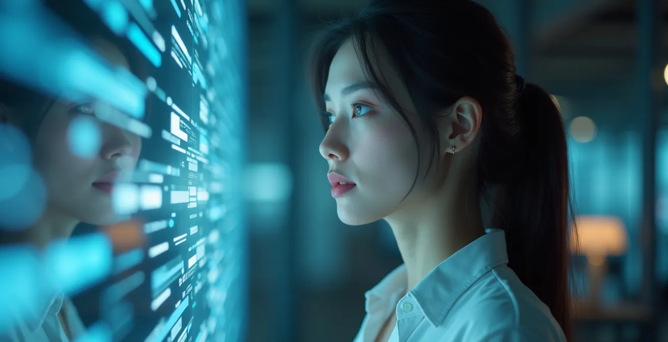 Portrait réaliste d'une professionnelle jeune devant un écran numérique en lumière douce avec composition maîtrisée et espace négatif