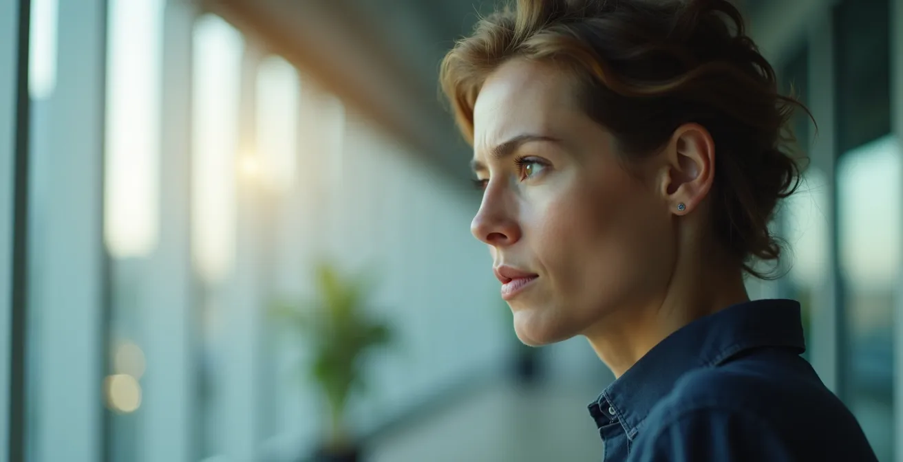 Personne en posture de réflexion intense dans un espace épuré lumineux avec effets de flou artistique