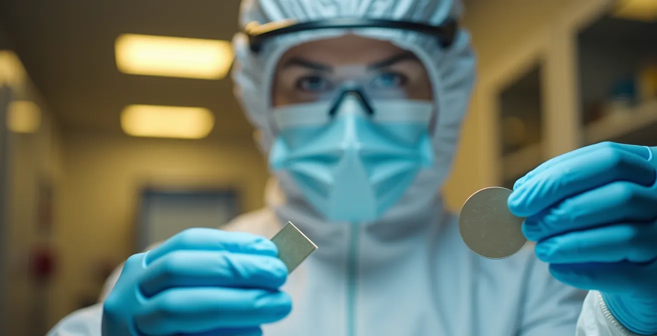 Engineer performing detailed quality inspection of semiconductor component in cleanroom environment