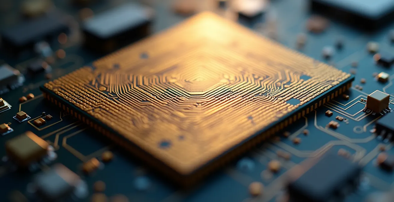 Gros plan macro sur circuit imprimé avec composants microscopiques, texture métallique et reflets dorés