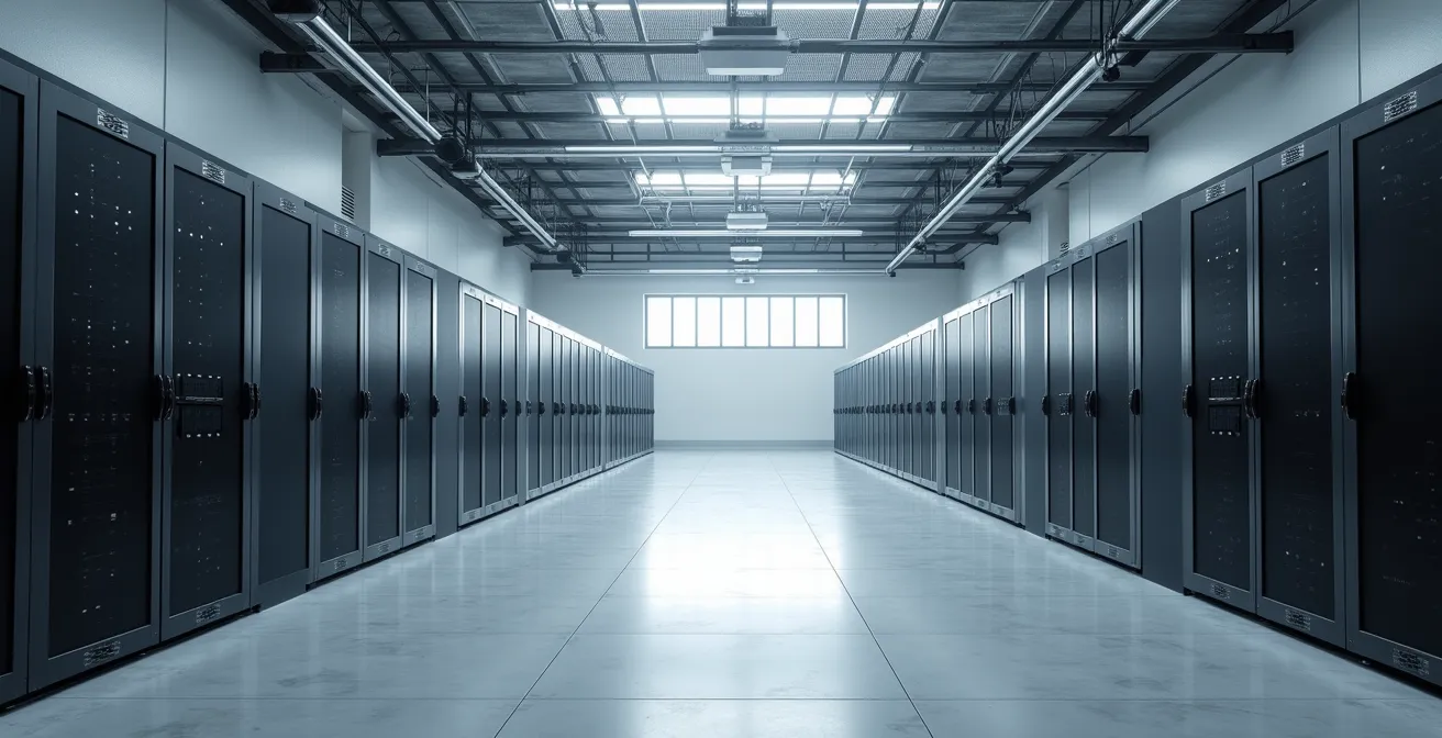 Vue aérienne minimaliste d'un centre de données avec architecture moderne et espaces négatifs