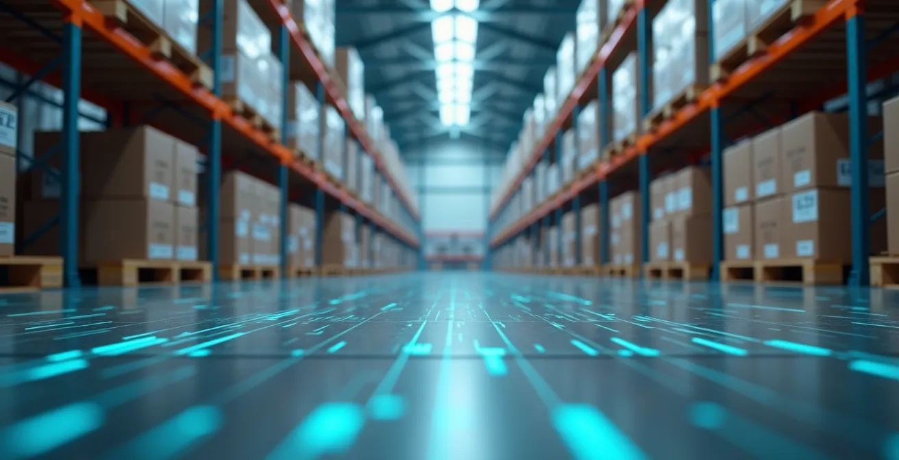 Photographie conceptuelle d'un entrepôt moderne et épuré utilisant des technologies avancées pour la gestion prédictive