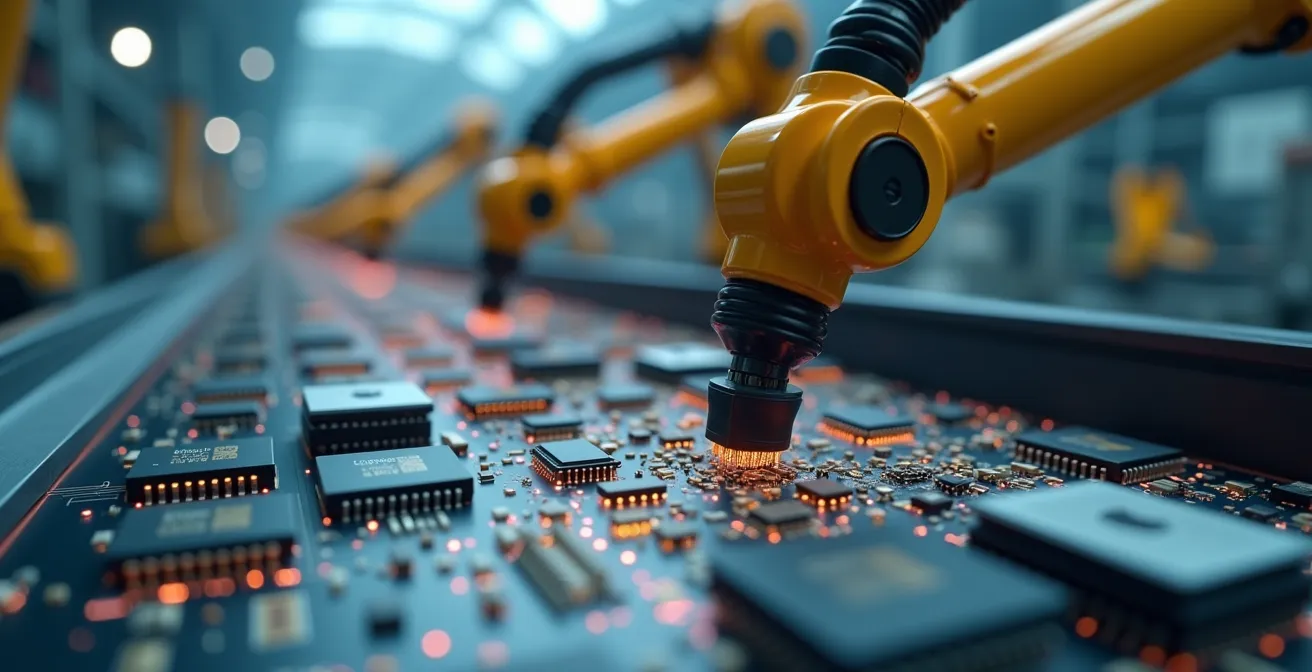 Image éditoriale illustrant la logistique complexe des pièces détachées pour semi-conducteurs avec un focus sur les machines et les pièces miniatures dans un environnement industriel propre