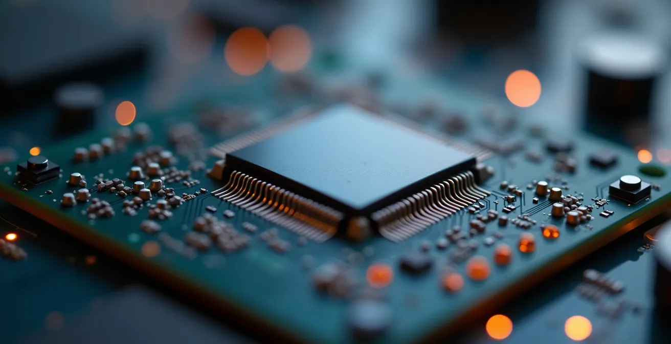 Photographie hyperréaliste d'une puce semi-conducteur en gros plan montrant ses textures complexes et ses couches