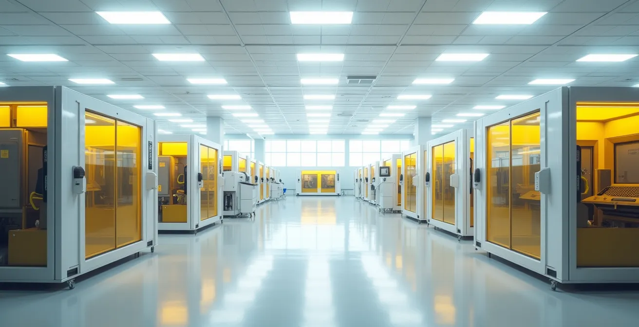 Vue grand angle d'une salle blanche avec équipements de fabrication de semi-conducteurs