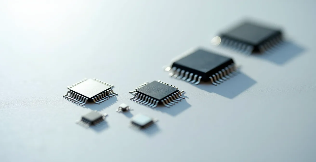 Close-up of semiconductor components arranged in cascading pattern showing interconnected dependencies