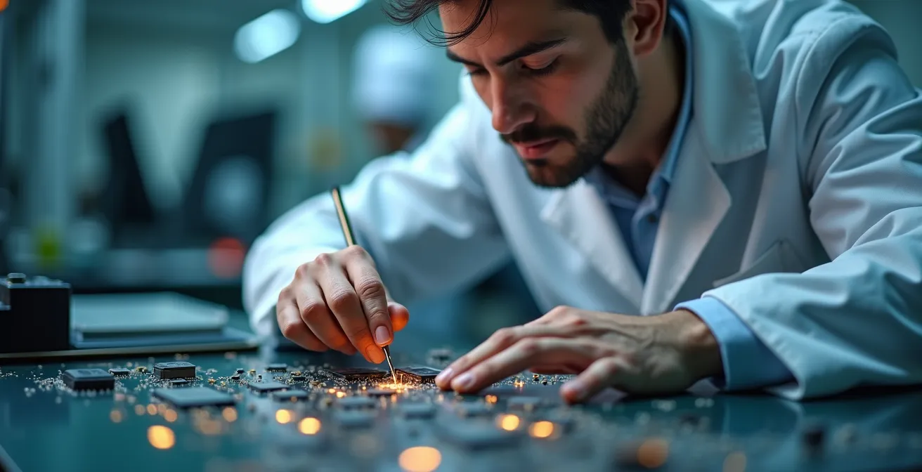 Portrait rapproché d'une main analysant des composants électroniques avec précision