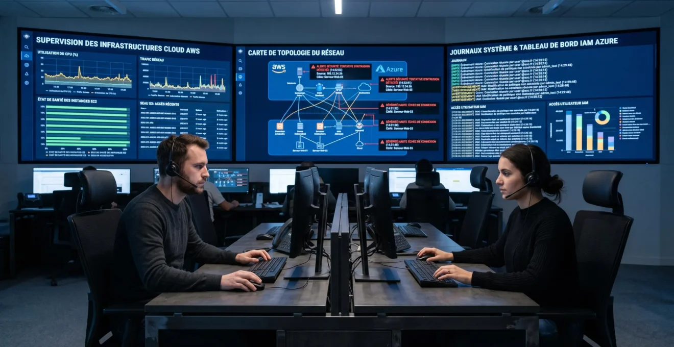 Centre opérations sécurité avec analystes surveillant infrastructures cloud AWS et Azure sur écrans muraux affichant cartographie réseau, alertes sécurité et tableaux de bord IAM