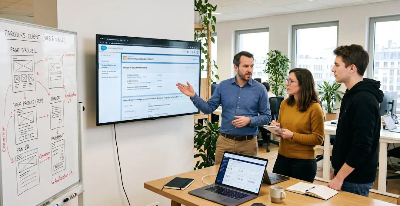 Équipe e-commerce collaborant autour d'écran Salesforce Commerce Cloud affichant interface personnalisation produits, règles de recommandation et résultats tests A/B, tableau blanc avec parcours client annoté