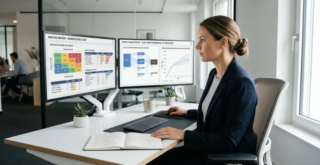 Responsable marketing analysant tableaux de bord Watson Analytics et Google Analytics 4 sur double écran, avec courbes prédictives et matrices de segmentation client