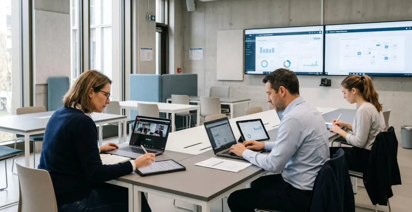 Salle de formation professionnelle avec trois participants suivant un webinaire sur ordinateurs portables, écrans muraux affichant tableaux de bord analytics et contenus de séminaire digital