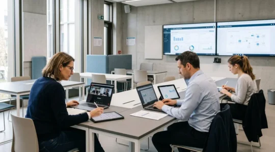 Salle de formation professionnelle avec trois participants suivant un webinaire sur ordinateurs portables, écrans muraux affichant tableaux de bord analytics et contenus de séminaire digital