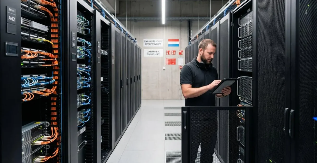 Allée centrale d'un datacenter professionnel luxembourgeois moderne avec racks serveurs noirs des deux côtés, câblage structuré visible, technicien IT consultant une tablette devant équipement réseau ouvert, éclairage LED blanc professionnel