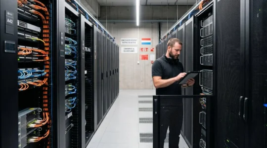 Allée centrale d'un datacenter professionnel luxembourgeois moderne avec racks serveurs noirs des deux côtés, câblage structuré visible, technicien IT consultant une tablette devant équipement réseau ouvert, éclairage LED blanc professionnel