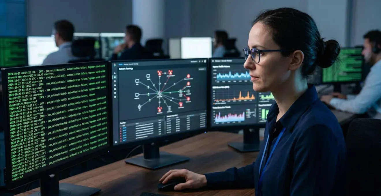 Analyste cybersécurité femme concentrée devant trois écrans dans centre opérations sécurité SOC Luxembourg, affichant logs système, cartographie réseau avec alertes et métriques temps réel, éclairage écrans bleuté