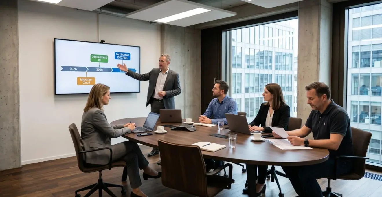Réunion comité pilotage IT dans salle moderne Luxembourg avec DSI debout présentant roadmap transformation sur écran mural, directeurs métiers et consultante autour table ovale, échanges stratégiques collaboratifs