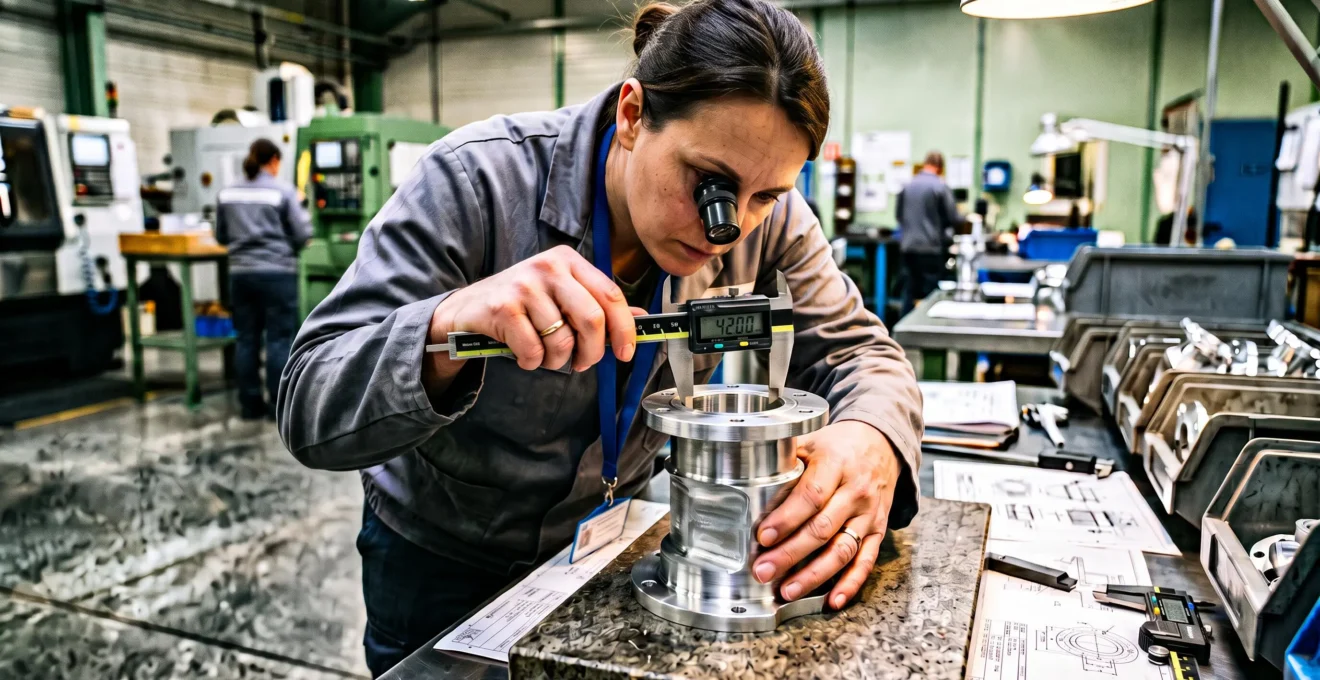 Quality inspector using precision measuring instrument to examine manufactured component in industrial setting