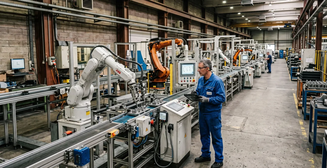 Production line operator monitoring automated manufacturing equipment in a French industrial facility