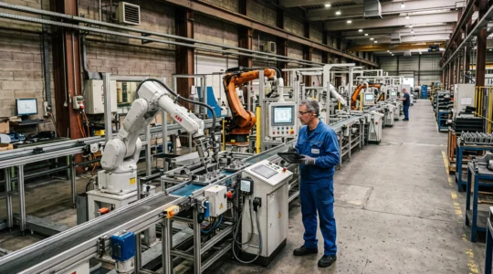 Production line operator monitoring automated manufacturing equipment in a French industrial facility