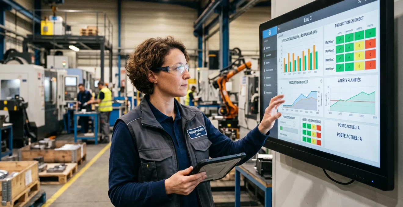 Production supervisor analyzing performance monitoring dashboard in industrial facility workshop