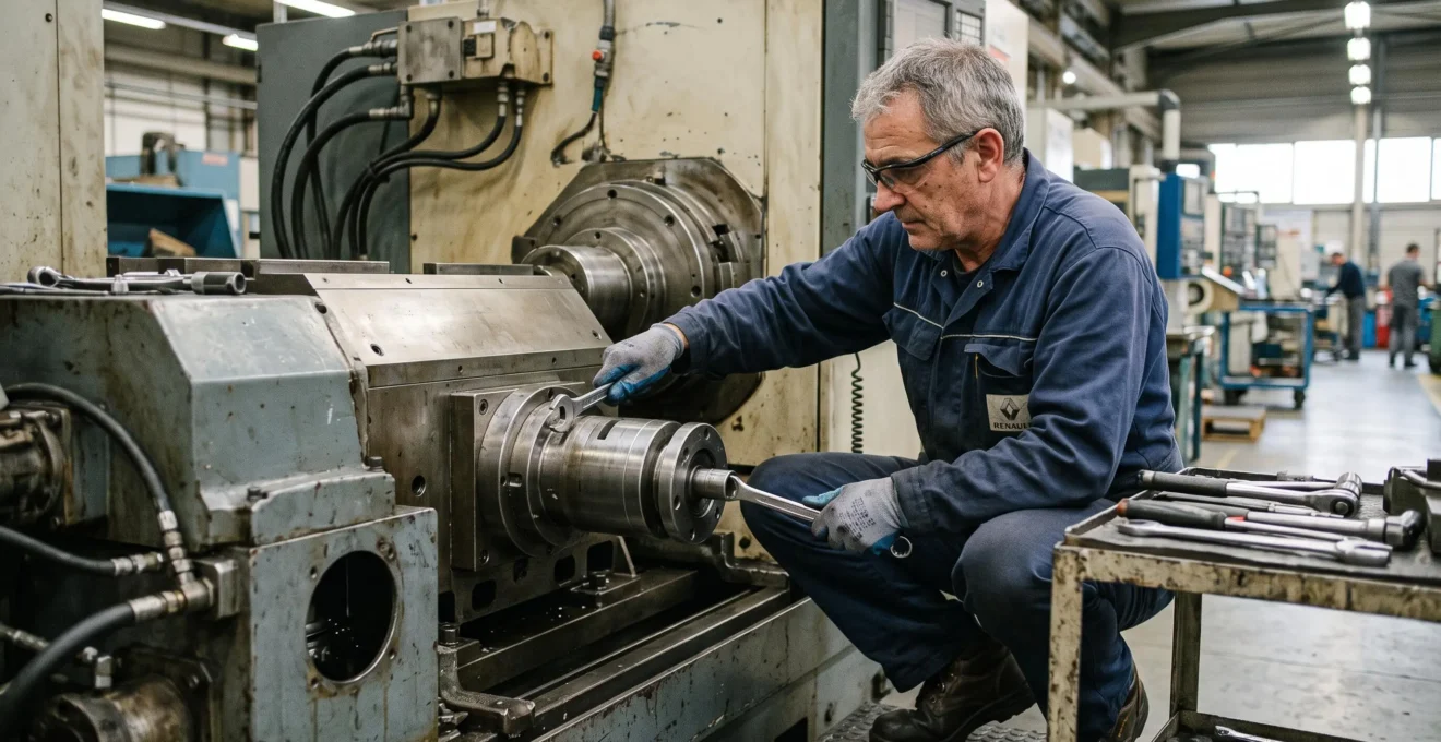 Industrial technician performing tooling changeover on manufacturing equipment in a production facility